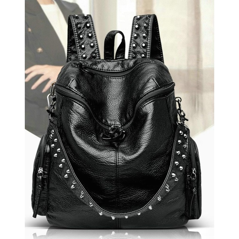 Hycurey Womens Stylish Rivet Backpack Washed Multi Pocket Knotted Zipper