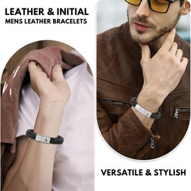 Initial Letter Leather Bracelet for Men, Black Alphabet Leather Bracelet with Clasp, Jewelry Gifts for Dad Husband Brother Boyfriend Son Grandpa B