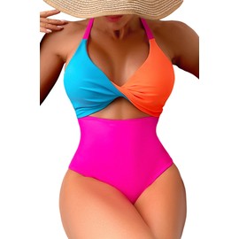 Leoparts Women's One Piece Color Block Swimsuit Halter Neck Cutout High Cut Bathing Suit Crisscross Tie Back Swimwear