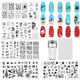 JCAKES 5Pcs Summer Nail Stamp Holiday Ocean Beach Nail Stamping Plates Nail Art Stamping Plates Nail Design Stamp Nail Plate Template Nail Art Tools with Nail Stamper, Scraper