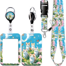 Cats ID Badge Holder Retractable LanyCute ard with Card Holder Work School Heavy Duty Keychian Badge Reel Clip Breakaway Cute Flowers Neck Lanyard for Keys ID Badge for Women Girls Teachers Kids Staff