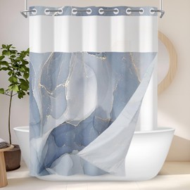 RiePoiia No Hook Shower Curtain with Snap in Fabric Liner Set, Blue Marble Modern Hotel Style Shower Curtain for Bathroom with Top Sheer Window, 71"X74"