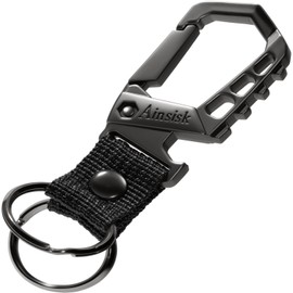 Ainsisk Heavy duty key chain,bottle opener function car keychains,versatile metal snap hook carabiner clip and 2 key rings suitable for men and women.1 piece black