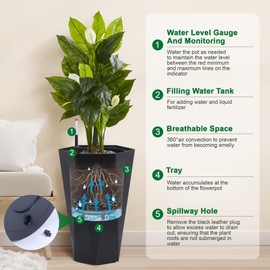 GarveeLife 22.5 in Tall Diamond Planters Set of 2, Self Watering Planters with Water Level Monitor, Flower Pots Outdoor and Indoor for Patio, Porch, Living Room, Home Office, Black