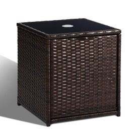 SUNNYPARK Outdoor Umbrella Side Table with 2 Weight Bags, 2-in-1 Patio Table with Umbrella Hole, All-Weather Handwoven PE Rattan Umbrella Base Stand for Deck Yard Garden Balcony Poolside