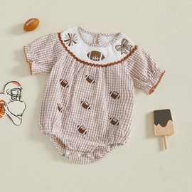 Adobabirl Baby Girl Football Outfit Rugby Smocked Romper Short Sleeve Bow Embroidery Plaid Jumpsuit Infant Cute Clothes (Khaki, 12-18 Months)