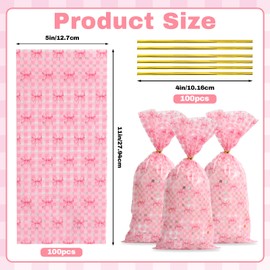 Docvania Cello Cellophane Treat Gift Bags Pink bow Cookie Bags 100 pcs 5 X 11 Goodie Bag with Ties for Mother's Day, Valentine's Day and Parties, Weddings