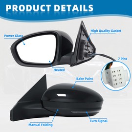 Black Left Driver Side Mirror Replacement For Nissan Sentra 2020 2021 2022 2023 2024 -Manual Folding,with Turn Signal Light,Power,Heated, Electrically Adjustable Side Mirror NI1321327(7Pins)
