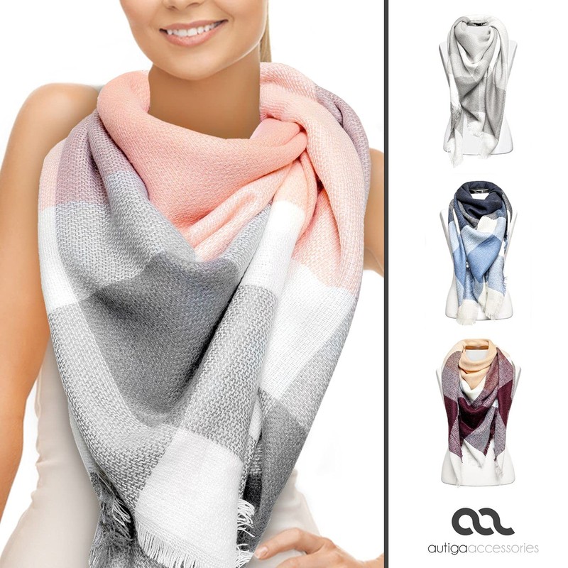 Autiga Large Women's Knitted Scarf Checked XXL Wool Scarf Oversized