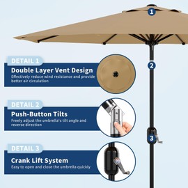 9-FT Outdoor Patio Umbrella with Push Button Tilt & Crank - Heavy-Duty Market Umbrella for Table, Garden, Pool, Deck, Backyard - 8 Sturdy Ribs,UV Protection & Waterproof Fabric,Tan