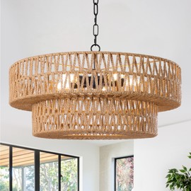 LamQee Farmhouse Rattan Chandeliers for Dining Room, 5 Lights Boho Chandelier Light Fixture with Hand Woven Wicker Shade, Large Rattan Pendant Lights Ceiling Hanging Lighting Kitchen Island Entryway