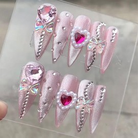 Buy 10 Get 10 Free! [Machine-Made] 24pcs Press-On Nails with Rhinestones & Flowers – French Style Glue-On Nails for Women & Girls Full Cover Shiny Glitter Long Lasting Quality:_M-AL-PK-004