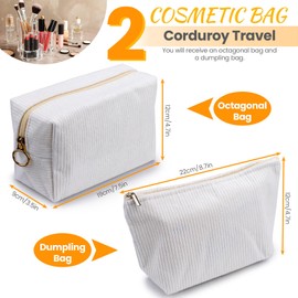 Huakaile 2 Pieces Corduroy Makeup Bag Set, Small Cosmetic Pouch Case with Zipper, Cute Travel Toiletry Bag Organizer for Girls Women Gifts Purse Storage (White)