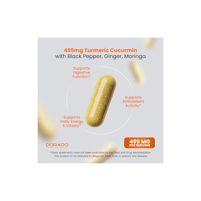 Turmeric Curcumin Supplement with Black Pepper, Ginger, Moringa (Made with