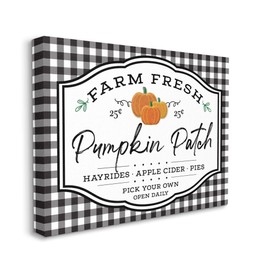 Stupell Industries Farm Fresh Pumpkin Patch Sign Black Checkered Plaid, AE Design Canvas Wall Art, 24x30
