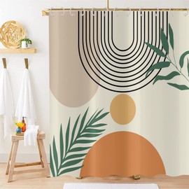 Hnmdmyi Shower Curtain Boho 180 x 200 cm, Mid Century Abstract Leaf Arch Sun Beige Shower Curtains Modern Minimalist Aesthetic Art Bath Curtain Waterproof Fabric Washable Bath Curtain with Hooks