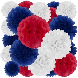 Tissue Paper Pom Poms, Red White Blue Tissue Paper Flowers, Hanging Flower Balls for Independence Day Parties Birthday Fourth of July Classroom Decoration (18Piece Set-6/10/12/14Inch)