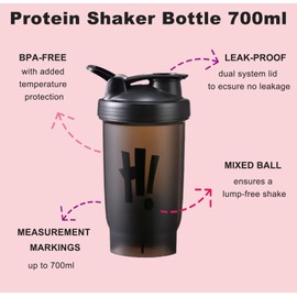 KANGSIT Protein Shaker Bottle with Mixing Ball, BPA- and DEHP-free, Leakproof Flip On Lid- Protein & Supplement Shaker Bottle 700ml (Black)