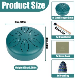 Rain Drum for Outside Garden, Steel Tongue Drum with 6 Notes, Handpan drum for Meditation, Yoga, Music Therapy, Includes Drumsticks and Cloth Bag, Dark Green