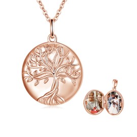 TUGHRA Tree of Life Locket Necklaces for Women, 925 Sterling Silver Coin Photo Lockets Round Memorial Keepsake Jewelry Gift for Mom, Wife, Daughter (03-rose gold)