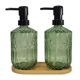 Glass Hand and Dish Soap Dispenser Set of 2 with Plastic Pumps, Bamboo Tray, 15oz Bathroom Soap Dispenser for Hand Wash & Dish Wash, Ideal for Bathroom Kitchen Countertop (Dark Green)