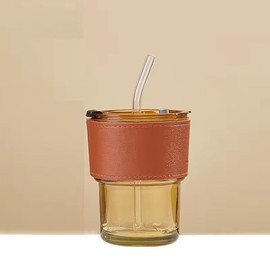 Generic Reusable Tea and Coffee Cup with Lid and Straw, Glass Construction (amber), small, YZ-22