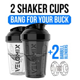 VELOMIX -2 Pack- 20 oz Protein Shaker Bottles for Protein Mixes - 2x Wire Whisk | Leak Proof Shaker Cups for Protein Shakes and Pre Workout | Protein Shaker Bottle Pack (Black/Transparent)