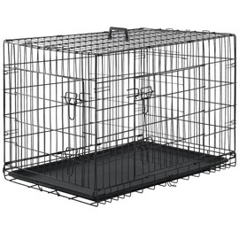 24/7 Shop at Home Gossamer Metal Double Door Folding Wire Pet Crate with Divider, Removable Tray, and Handle for Outdoor and Indoor Medium Dog, 36-inch, Black