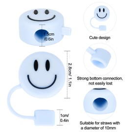 Whaline 6Pcs Smiling Face Straw Covers Light Blue Silicone Reusable Straw Topper Double Sided Pattern Straw Tip Covers 10mm 0.4 Inch for 30 & 40 OZ Tumbler with Handle