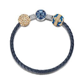 GONA Sterling Silver Charms Bracelet Set S925 Guardian Universal Blue Leather Butterfly Dance Tarnish-Resistant Jewelry 5A White Cubic Zirconia With Enamel In 14K Gold Plated for Women 7.7in/19.5cm