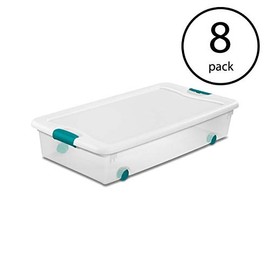 Sterilite 56 Quart Latching Stackable Under Bed Bedroom Closet Wheeled Storage Box Container Bin with Lid, Blue (8 Pack)