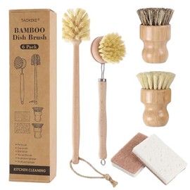 6 Pack Bamboo Dish Brush & Sponge Set, Wooden Handle Kitchen Scrub Brushes with Natural Sisal & Palm Fiber Heads, Multi-Purpose Dishwashing Cleaner fo