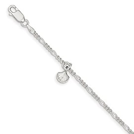Saris and Things 925 Sterling Silver 2mm Polished Shell Chain Anklet with 1in Extender Length