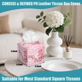 Pink Cherry Tissue Box Holder,Spring Blossom Square Leather Tissue Box Cover with Bottom Belt,Waterproof Modern Napkin Holder Organizer for Car Bathroom Vanity Office Tabletop,5.2" x 5.2" x 5.2"