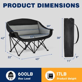 apollo walker Double Camping Chair - Heavy Duty 600lbs Camping Couch with Dual Cup Holder & Carry Bag, Loveseat Camping Chair for Outdoor, Lawn, Beach, Concert, Backyard, Park