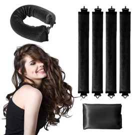 Lockenwickler Ohne Hitze,4 Stück Lockenwickler über Nacht mit Lockenband ohne Hitze,Hitzefreie Lockenwickler aus Gummi,DIY Overnight Locken Locken über Nacht für alle kurzes und langes Haar(Schwarz)
