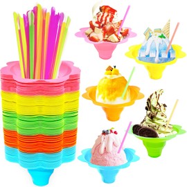 Cmaqpw 200PCS 4oz Colorful Snow Cone Cups Set with 100Pcs Spoon Straws and 100Pcs Cups,Plastic Reusable Flower Shaved Ice Drip Cups Snack Ice Cream Bowls for Birthday Party,Holiday,Summer