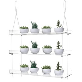 ZerzSemp 3-Tier Hanging Acrylic Plant Shelves for Windows, Each Tier 16 Inch Long, Height Adjustable Plant Stand, Clear Hanging Plant Stand for Indoor Windows, Grow Herbs,Flower