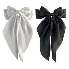 2 Pcs Large Satin Hair Bows Oversized Long Tail Hair Bow Clips Silky Bowknot Hair Barrettes 2 Layered Ribbon Hair Bows Cute Bow Knot Hair Pin Accessories for Women Girls White Black