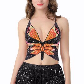 Haoohu Womens Indian Belly Dance Costumes Performance Outfits Butterfly Bandage Padded Bra Sequin Pearl Embroidery Tank Top
