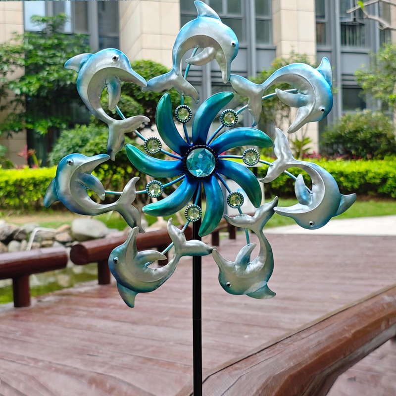 39" Dolphin Wind Spinners Metal Windmill Garden Stake,Ocean Theme Outdoor