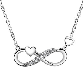 Yaneno Necklace for Women 925 Sterling Silver Crystal Zircon Infinity Endless Symbol Charm Love Heart Pendant Adjustable (White Gold)