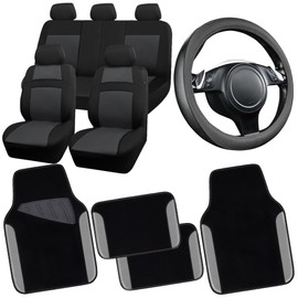 CAR PASS 3D Air Mesh Car Seat Covers Full Sets w/5mm Sponge, 4Pcs Waterproof Car Floor Mats, Steering Wheel Cover Universal Fit for SUV Sedan Truck, Airbag Compatible Automotive Interior(Black Gray)