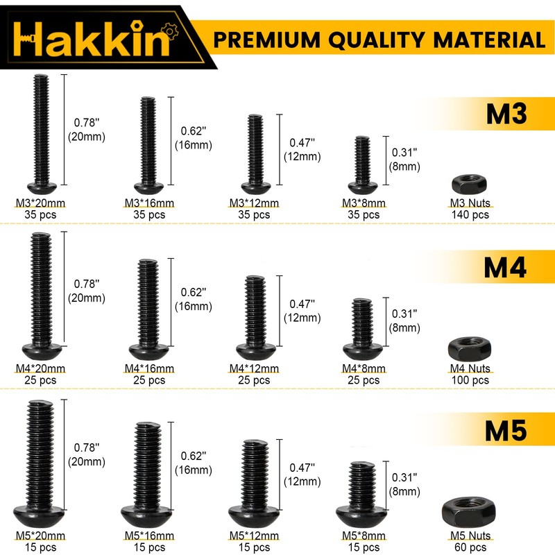 Hakkin 600Pcs Nuts and Bolts M3 M4 M5 Fully Threaded