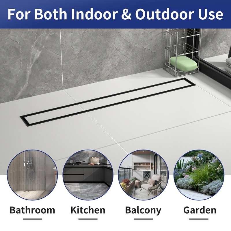 Bernkot Linear Shower Drain 24", Matte Black Floor Drain with