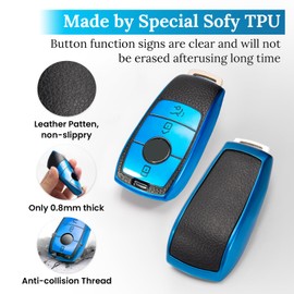 CTRINEWS for Mercedes Key Fob Cover with Carbon Fiber Style Belt Keychain, Upgraded Soft TPU Surface Grain Key Case for New Ben (3 Button) Key Fob Shell (Blue, B1)