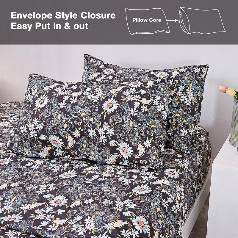 JSD Black Paisley Floral Printed Sheet Set King Size, 4