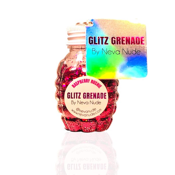 Neva Nude Face and Body Glitter Keychain - Holographic Chunky Glitter in Aloe for Festivals, Raves, and More | Cosmetic Grade | Super Sparkly (Raspberry Rushie Pink Glitz Grenade)
