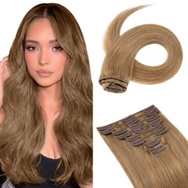 Hairro Clip in Hair Extensions Human Hair 14 inch #27 Dark Blonde 60g 100% Real Remy Human Hair 8pcs Clip in Hair Extension for Women Soft Smooth Natural Straight Hair