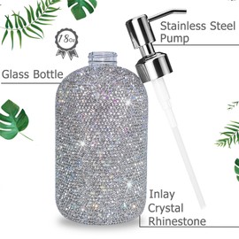 SlowVibes 18Oz Bling Glass Soap Dispenser with Rust Proof Stainless Steel Pump,Refillable Liquid Hand Wash Bottle for Bathroom Kitchen,Sparkle Decorative Shower Dispenser,Rhinestone Lotion Dispenser